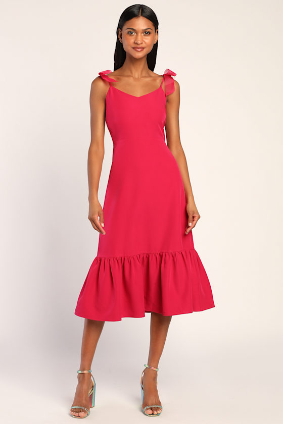 Hot Pink Midi Dress Bow Strap Dress Sleeveless Midi Dress Lulus