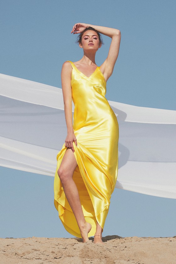 Perfectly Classy Yellow Satin Strappy Maxi Dress
