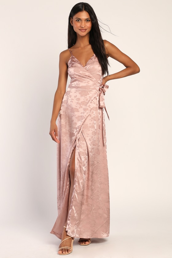Feeling Chic Dusty Pink Floral Satin Jacquard Wrap Maxi Dress