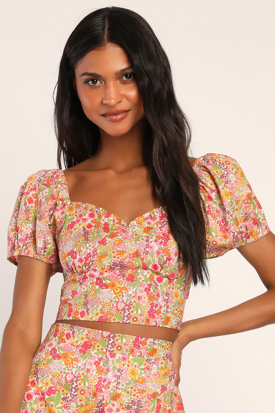 Boisterous Blooms Ivory Multi Floral Print Tie-Back Crop Top