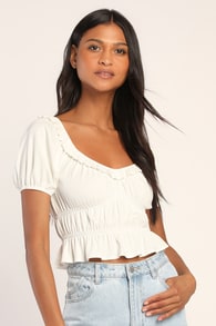 Sweeten Things Up Ivory Ribbed Smocked Puff Sleeve Crop Top