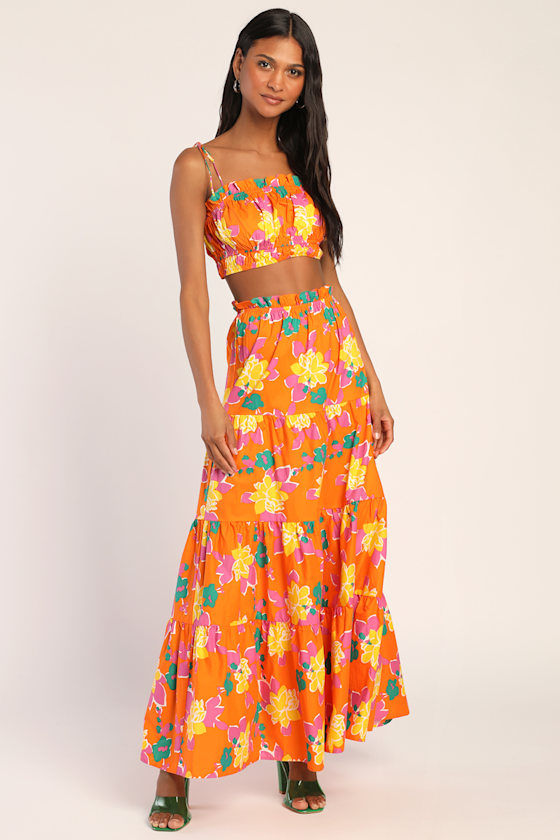 Set for Paradise Orange Tropical Print Tiered Maxi Skirt 1