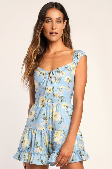 Fit to Frill Light Blue Floral Print Tiered Romper