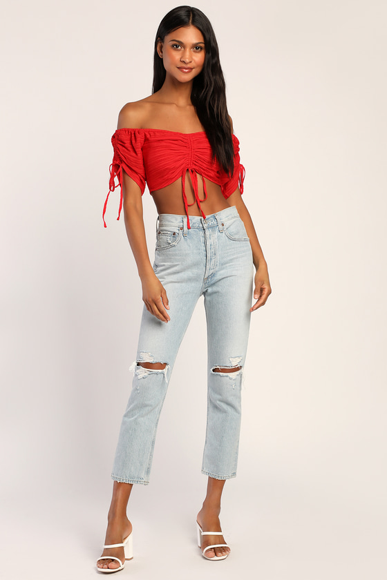 Red and white online off the shoulder top