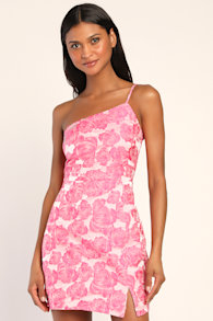 Flowery Fete Pink Floral Jacquard One-Shoulder Mini Dress 2