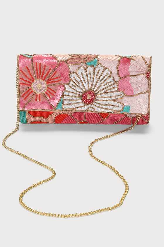 Bead Beautiful Pink Multi Floral Beaded Clutch 1