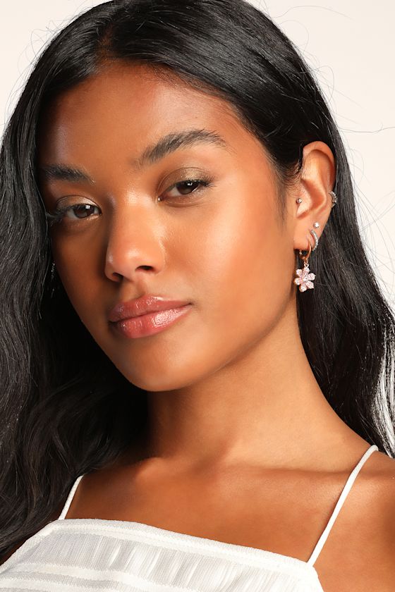 Gold Huggie Earrings Pink Rhinestone Earrings Flower Huggies Lulus