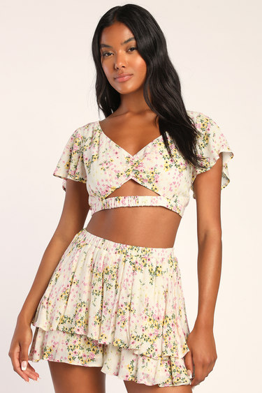 Falling For You Cream Floral Print Tie-Back Two-Piece Romper