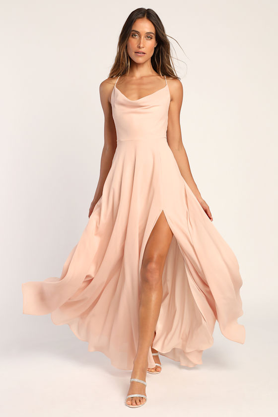 Romantically Speaking Blush Pink Cowl Lace-Up Maxi Dress 1