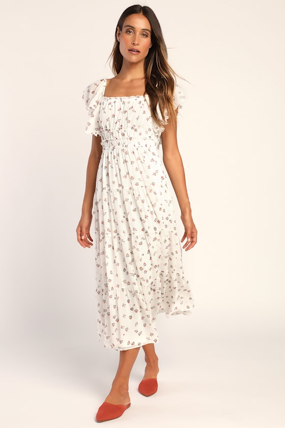 Summer Wanderings White Floral Flutter Sleeve Tiered Midi Dress 1
