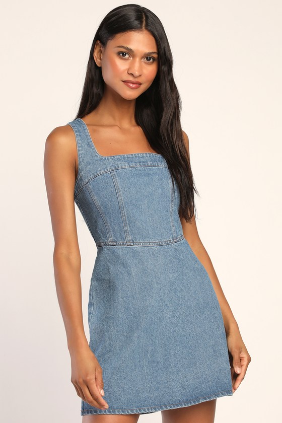 Medium Wash Denim Dress - Corset Dress - Denim Mini Dress - Lulus