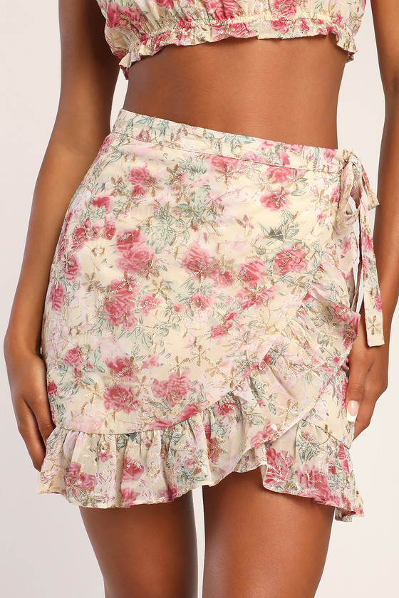 lulus.com | Going Bloom Cream Floral Embroidered Faux-Wrap Mini Skirt