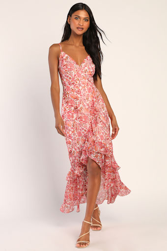 Always Enchanting Pink Floral Print Metallic Ruffled Midi Dress 2