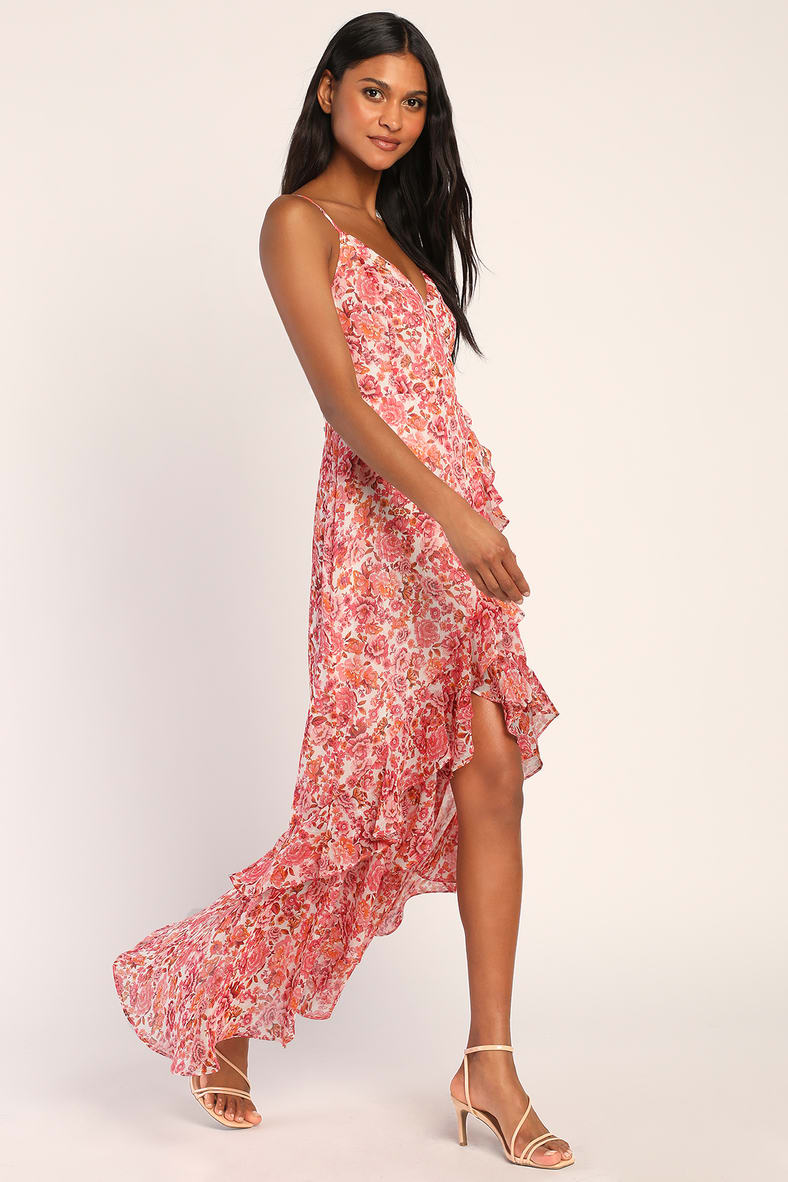 Always Enchanting Pink Floral Metallic Ruffled High-Low Dress