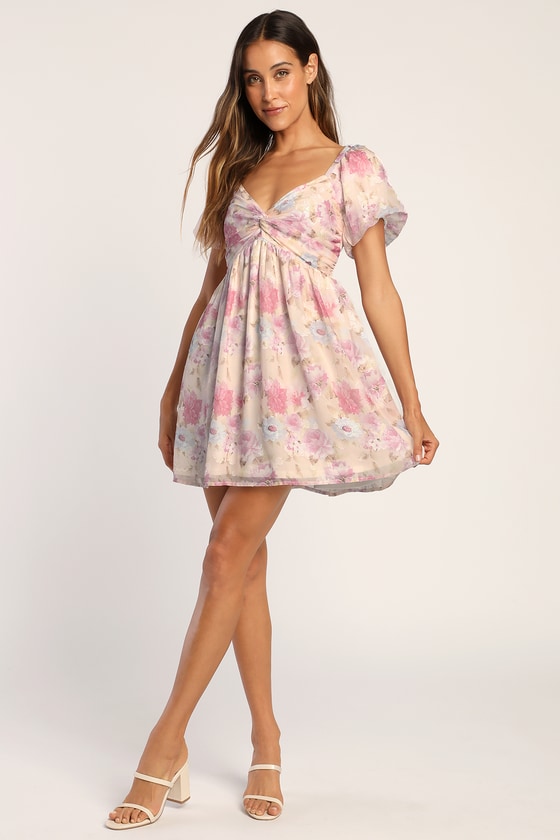 Fresh Florals Cream Floral Print Puff Sleeve Mini Dress