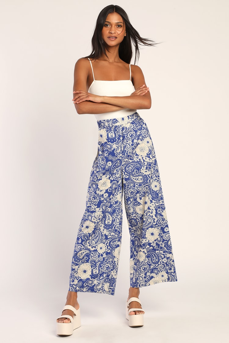 Ældre sporadisk Claire Blue Floral Pants - Wide-Leg Pants - Boho Print Pants - Pants - Lulus