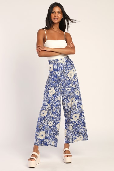 Wild Hearted Blue Floral and Paisley Print Wide-Leg Pants