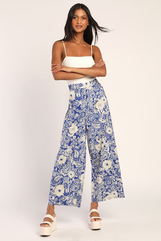 Blue Floral Pants WideLeg Pants Boho Print Pants Pants Lulus