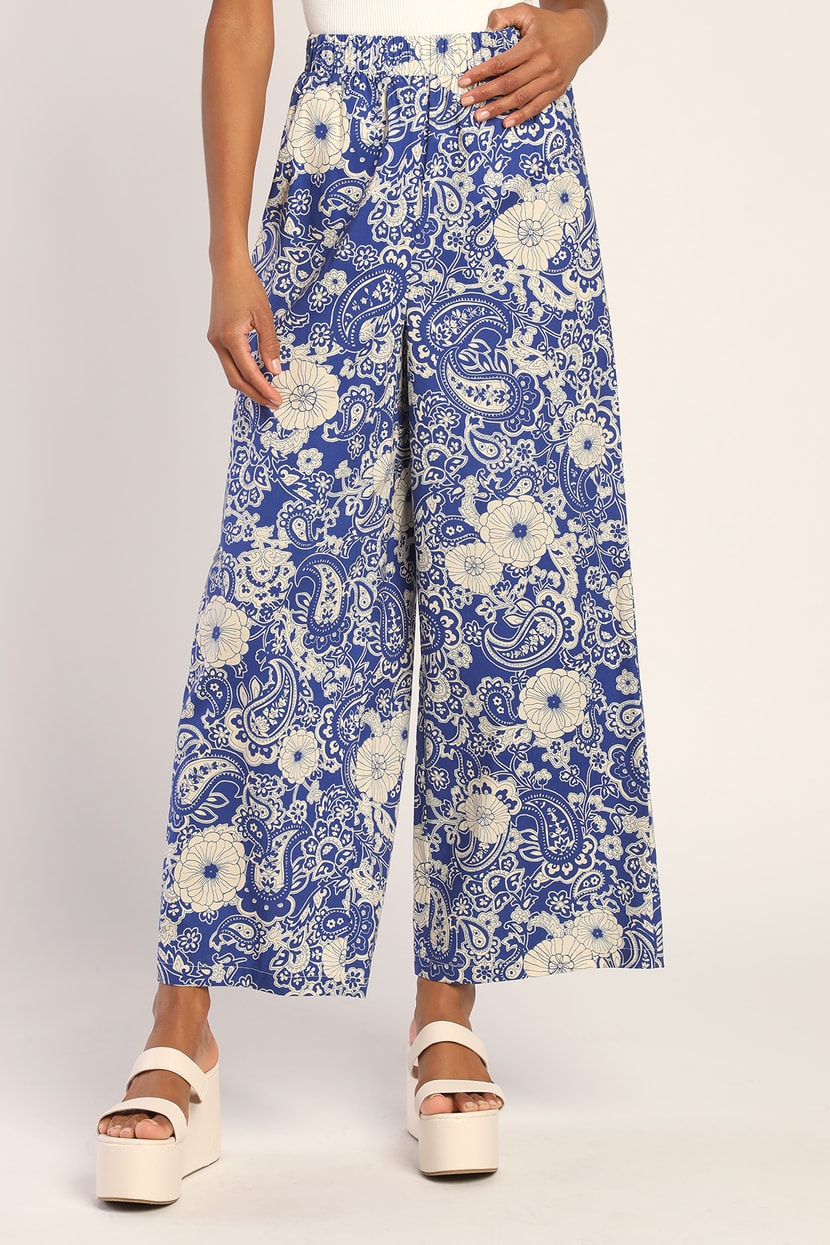 Boho Flare Pants - Peach and Navy Blue Pants - Floral Print Pants - $36.00  - Lulus