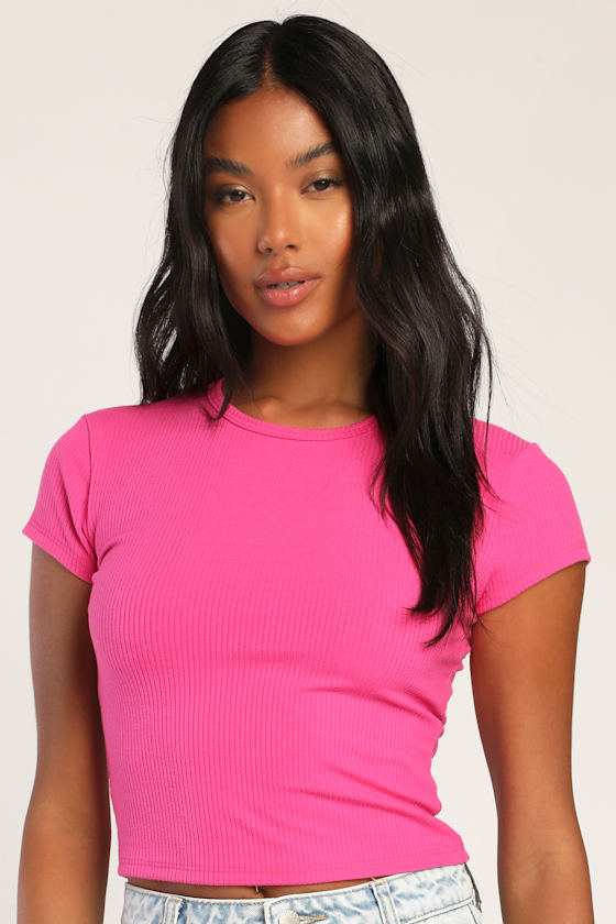 Forever Trending Hot Pink Ribbed Short Sleeve Crop Top 2