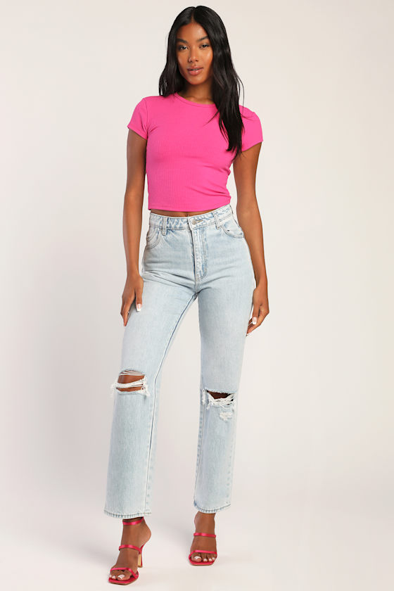 Forever Trending Hot Pink Ribbed Short Sleeve Crop Top 3