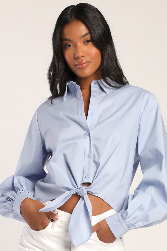 Blue Blouse - Tie-Front Top - Button-Up Top - Long Sleeve Top - Lulus