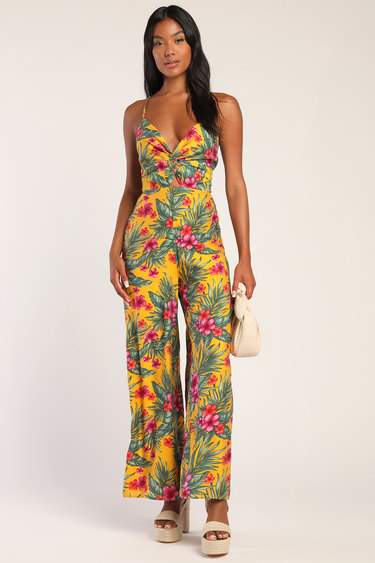 Vacay Ready Yellow Tropical Print Lace-Up Cutout Jumpsuit