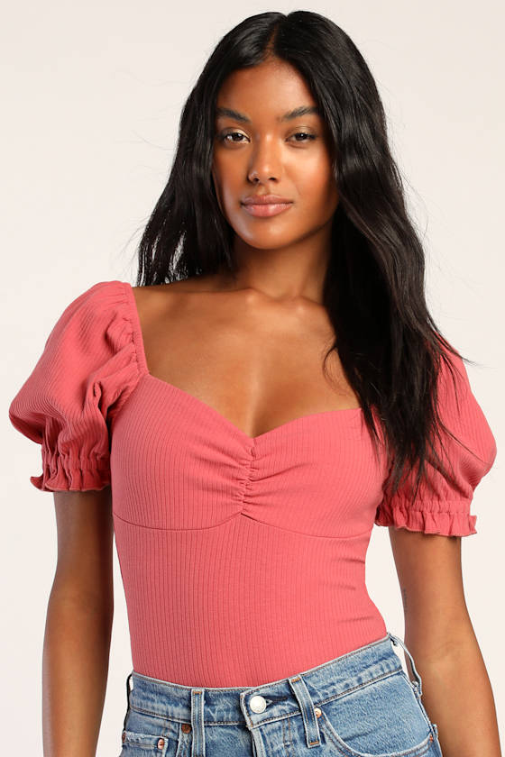 Cute Pink Bodysuit Ribbed Knit Bodysuit Puff Sleeve Bodysuit Lulus