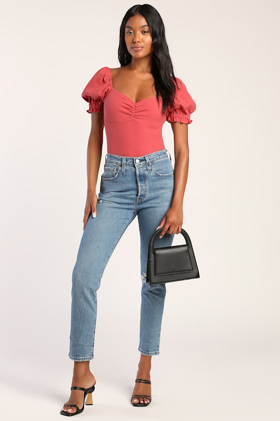 Romantic Inclination Rusty Rose Ribbed Knit Puff Sleeve Bodysuit 3