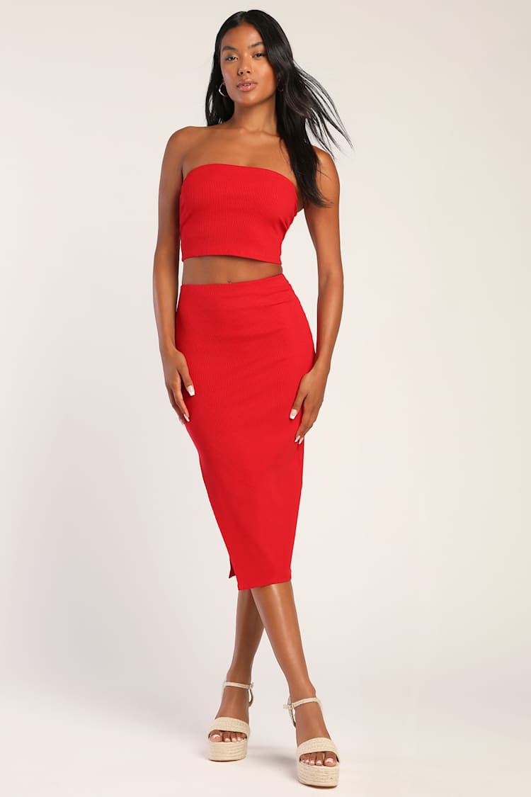 fitted lace wedding dress Women's Mon Cheri Twist Knot Ribbed Midi Dress in Red Cranberry