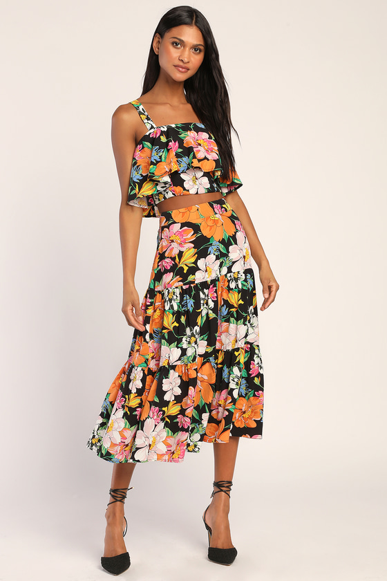 Black Floral Midi Dress - 2-Pc Midi Dress - Flounce Midi Dress - Lulus