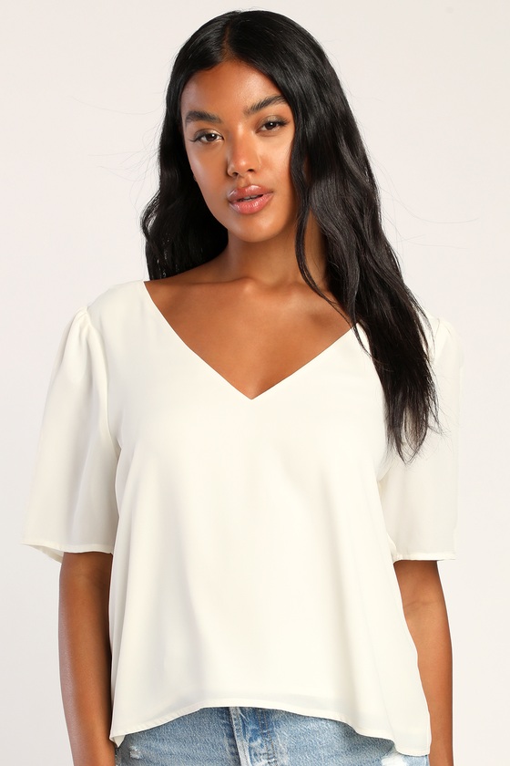 Ivory V-Neck Blouse - Short Sleeve Top - Women's Tops - Lulus