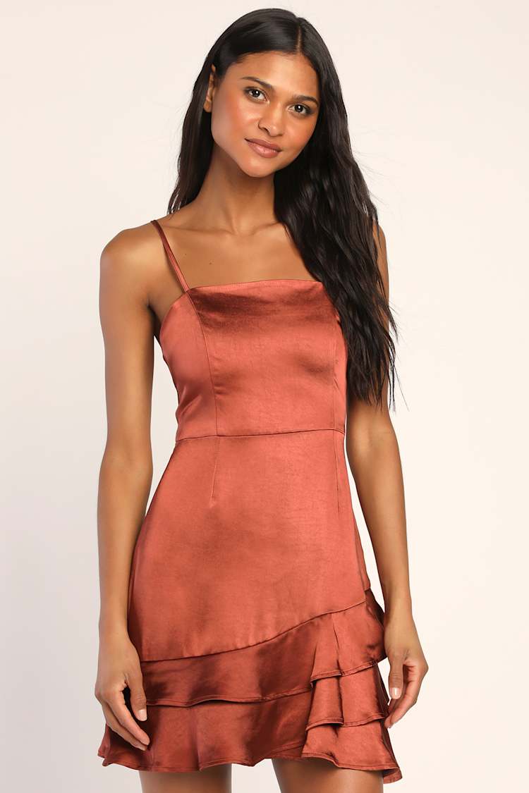 cassie brown dress court Bubbleroom – Satin Trumpet Sleeve Short Dress – Dresses – Brown main image 1