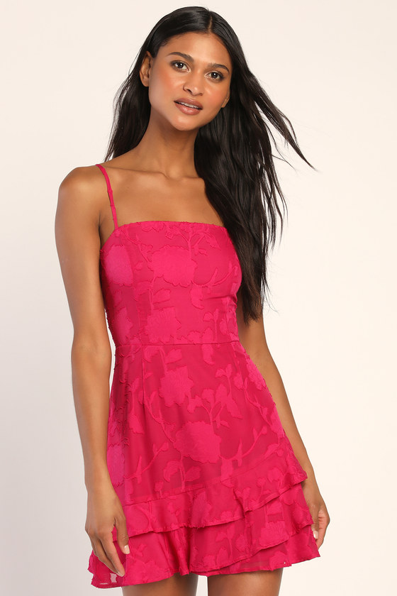 Days with You Magenta Floral Burnout Ruffled Mini Dress
