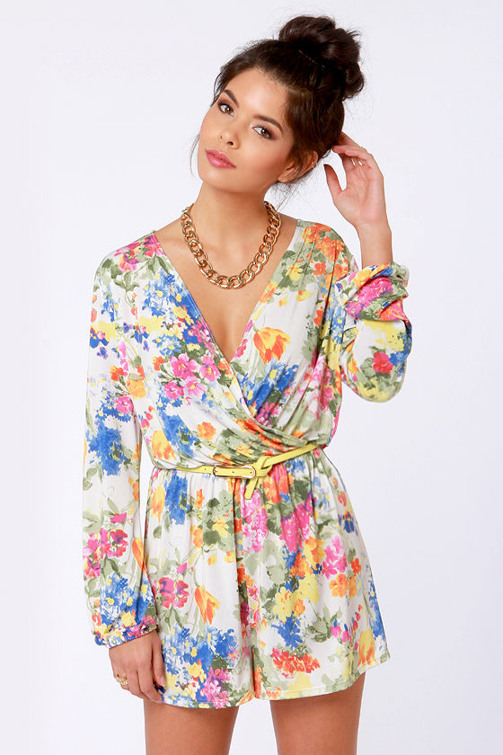 Cute Ivory Floral Romper Print Romper Long Sleeve Romper Lulus