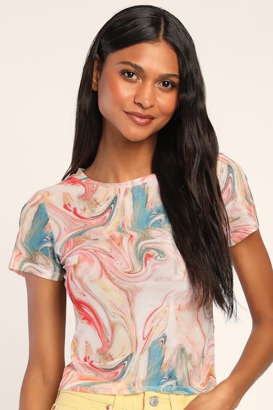 Swirls on Film Pink Multi Marble Print Mesh Tee 4