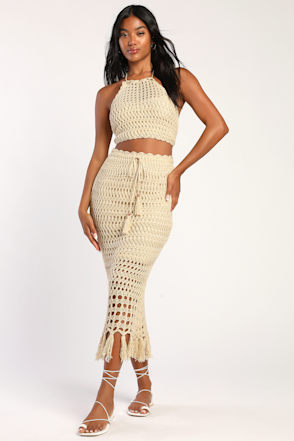 Beige Crochet Dress - 2-Pc Crochet Midi Dress - Knit Beach Dress