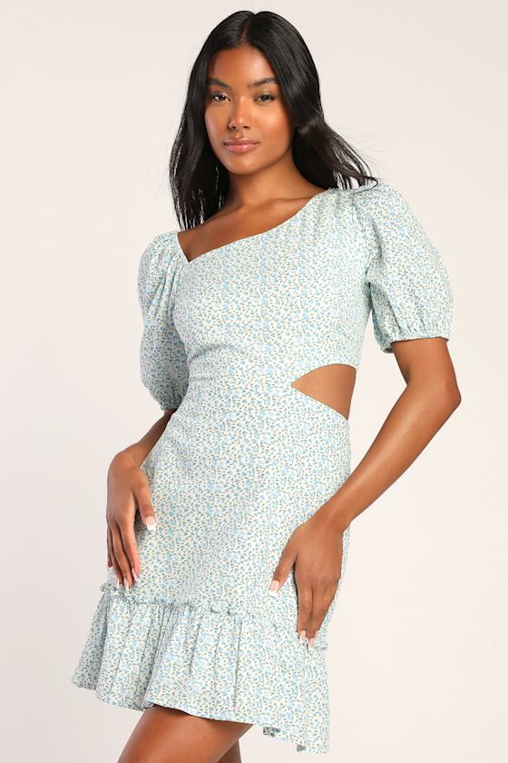 Floral Print Mini Dress - Asymmetrical 