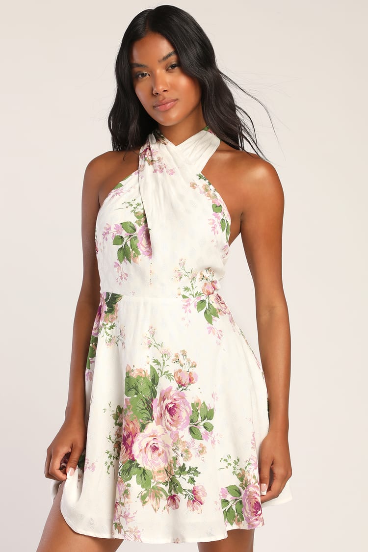 Ivory Floral Dress - Halter Mini Dress - Cross-Front Dress - Lulus