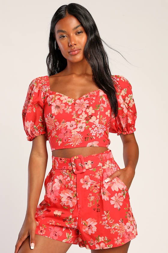 Red Floral Shorts Belted Shorts Cute Shorts with Pockets Lulus