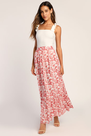 Sweetly Blooming Ivory Floral Print Tiered Maxi Skirt