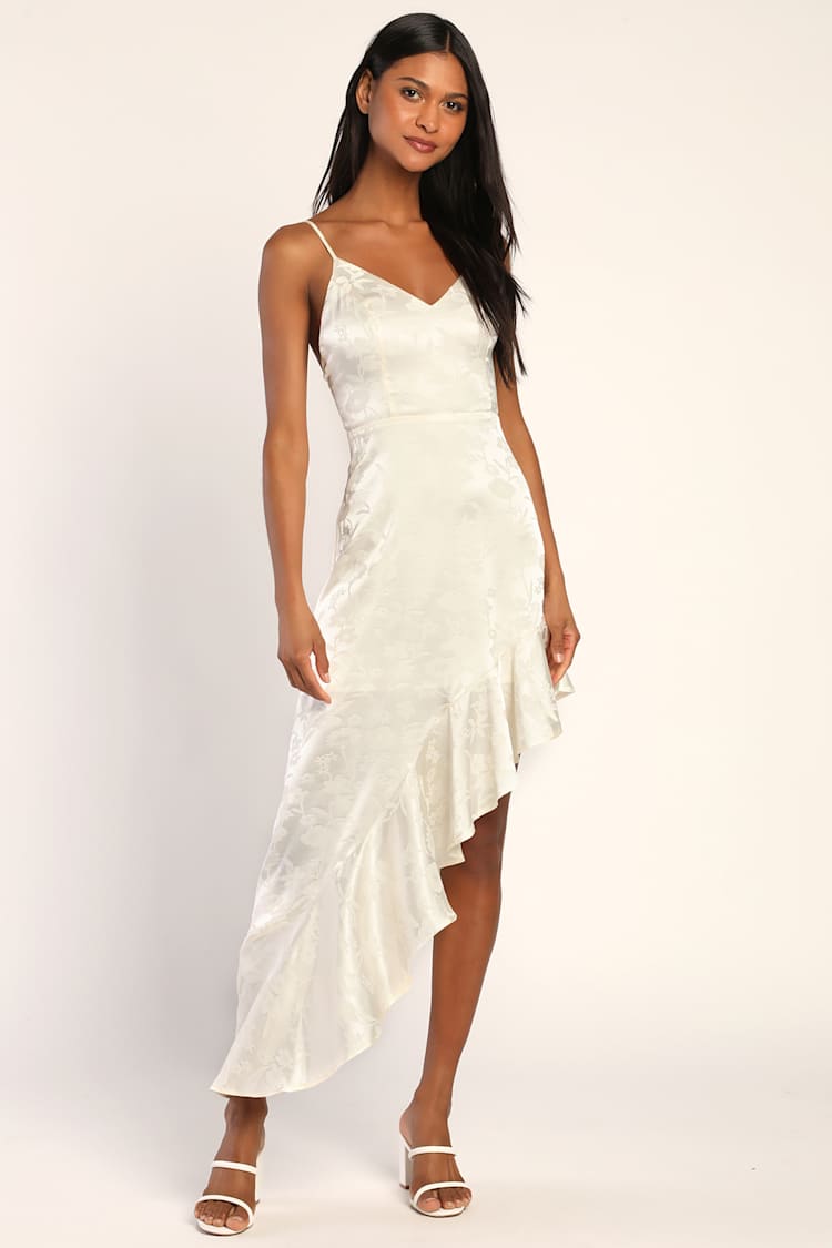 Love It Ivory Satin Floral Jacquard Asymmetrical Midi Dress