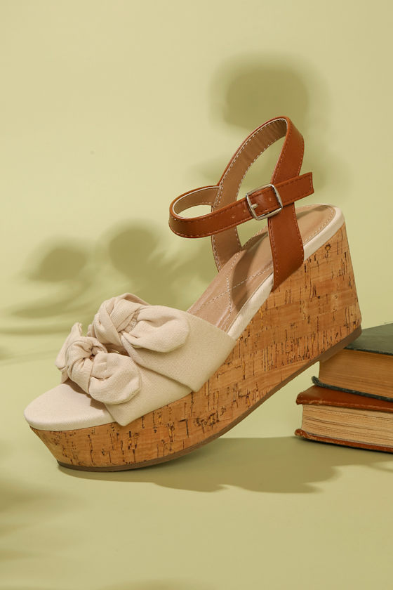Hadley Beige Canvas and Cork Ankle Strap Platform Wedges 5