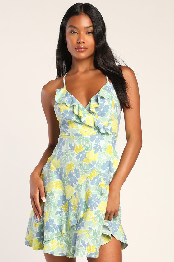 GreenTropical Ruffled Dress - Faux-Wrap Mini Dress - Ruffle Dress - Lulus