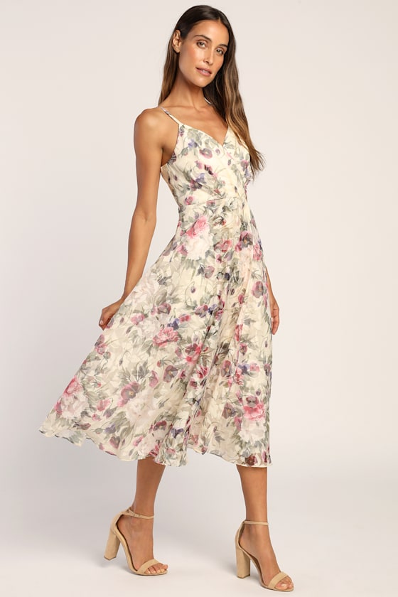Cream Floral Midi Dress - A-Line Dress - Burnout Floral