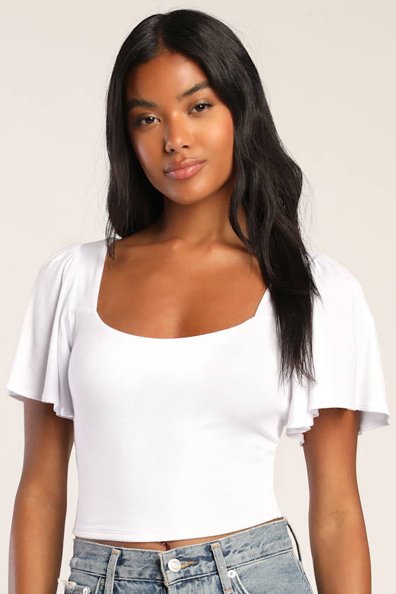 White Crop Top Flutter Sleeve Top Square Neck Crop Top Lulus