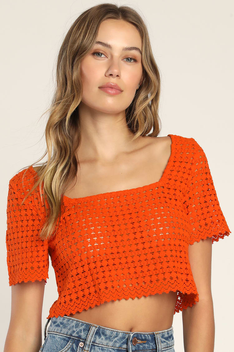 Jada Orange Red Short Sleeve Crochet Crop Top