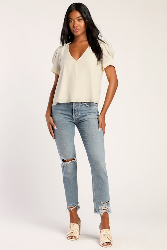 Ivory Blouse - Short Sleeve Top 