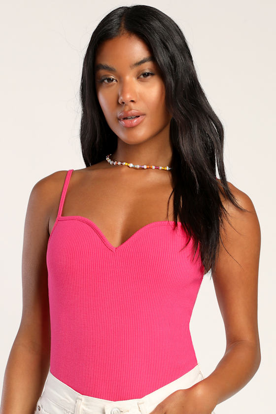 Hot Pink Bodysuit Sleeveless Bodysuit Bodycon Bodysuit Lulus