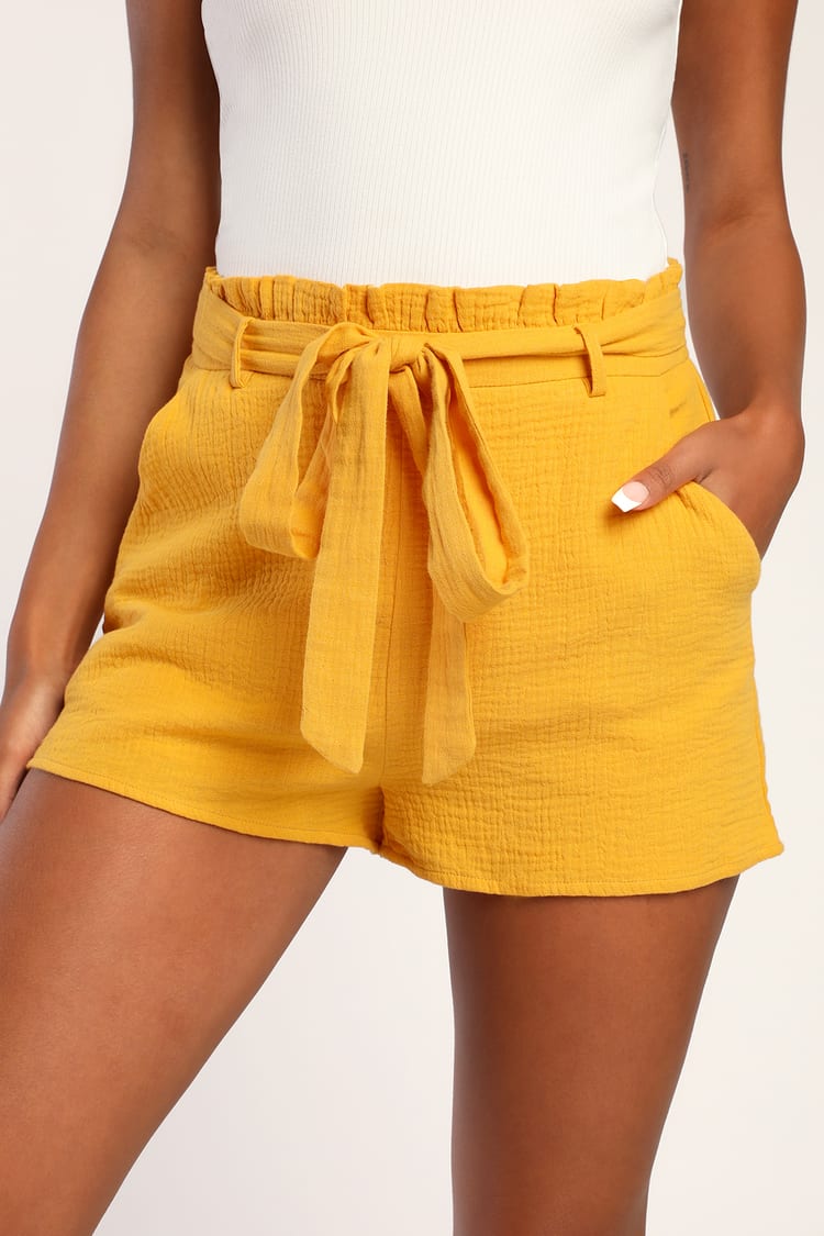 CAICJ98 High Waisted Leggings for Women Women's Paperbag Waist Ripped Roll  Hem Straight Leg Denim Shorts Yellow,M 